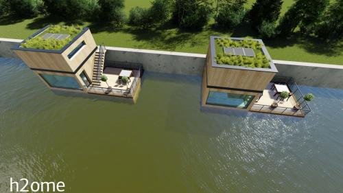 Toitures végétalisées et terrasses de deux maisons flottantes en projection