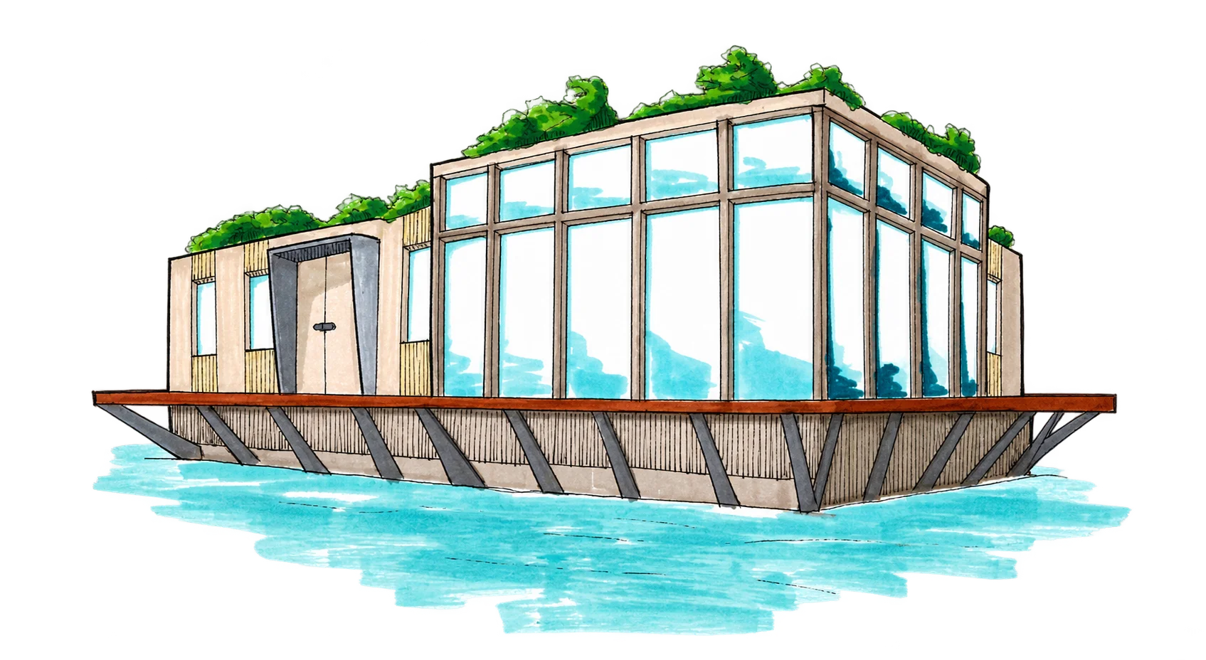 Projection de maisons flottantes en bois, ouvertes sur un canal bordé d’arbres